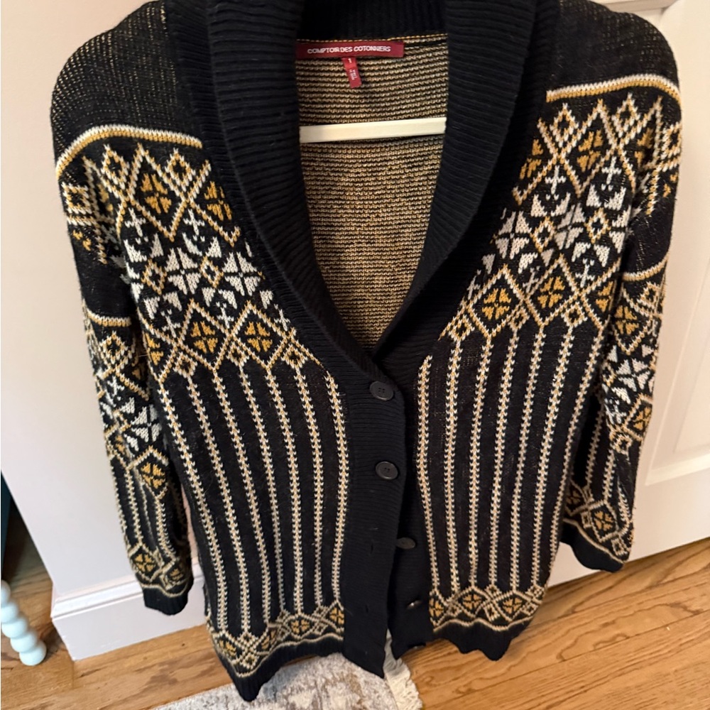 Comptoir Des Cotonniers Black, Gold & Cream Fair Isle Shawl-Collar Cardigan